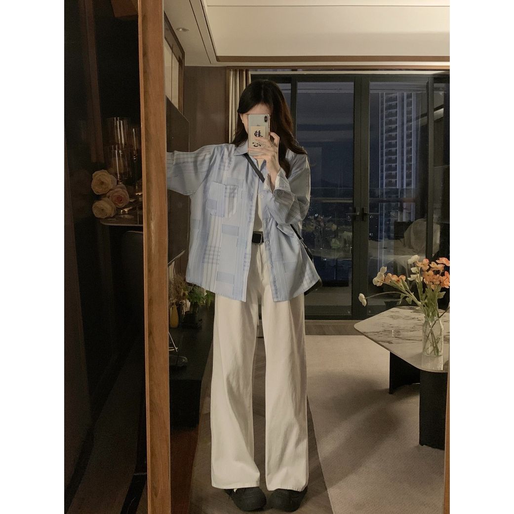 Japanese retro spliced ​​plaid printed shirt for women long-sleeved college style design lapel thin top 2025 spring and summer