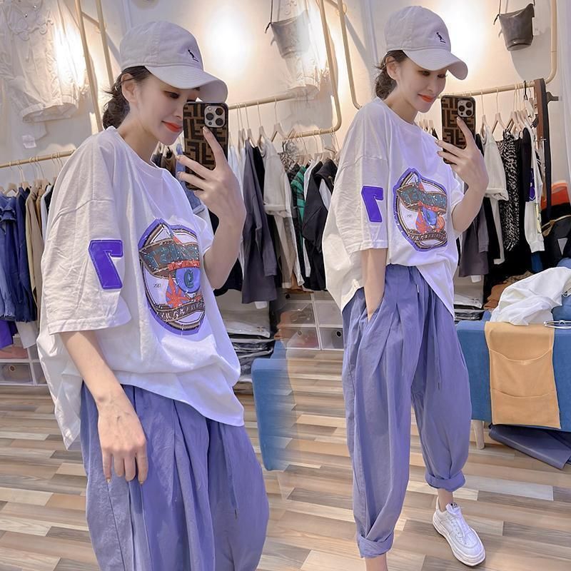 Internet celebrity extra-large size women's clothing 300 catties summer printed short-sleeved T-shirt + loose casual harem pants two-piece set