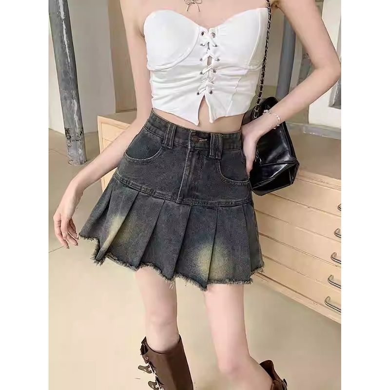 Hot girl retro fur edge denim skirt for women in summer new style old design high waist belly slim pleated skirt