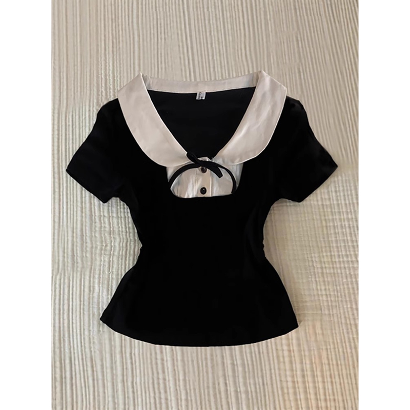 92 cotton 8 spandex sweet black fake two-piece top women's short-sleeved strap design short
