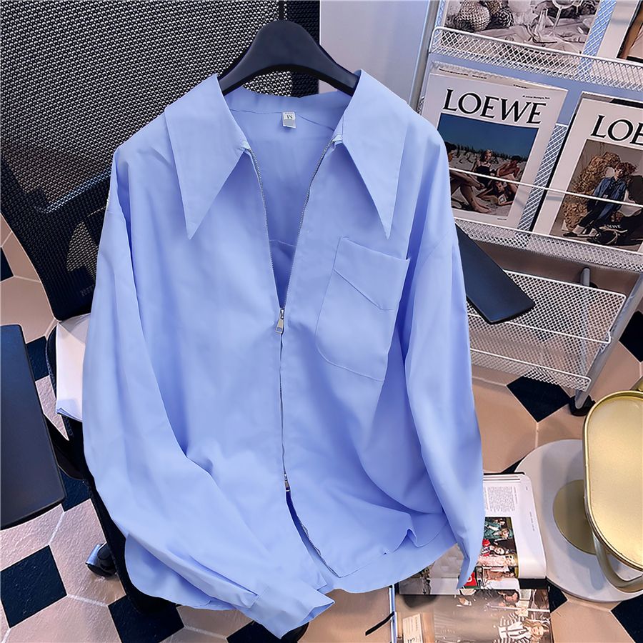 Real photo of pointed-collar shirt spring and autumn design niche large lapel shirt zipper long sleeve chic top trendy