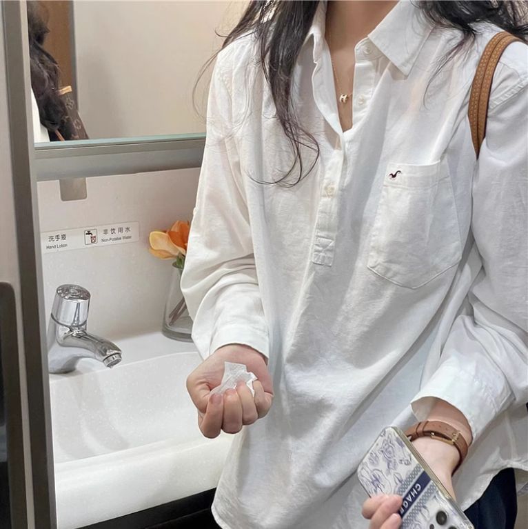 Korean lazy style polo lapel half-open long-sleeved shirt spring versatile casual loose sunscreen shirt for women