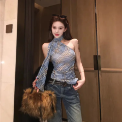 網紗雙層格子吊帶背心女泰式辣妹性感斜肩掛脖上衣