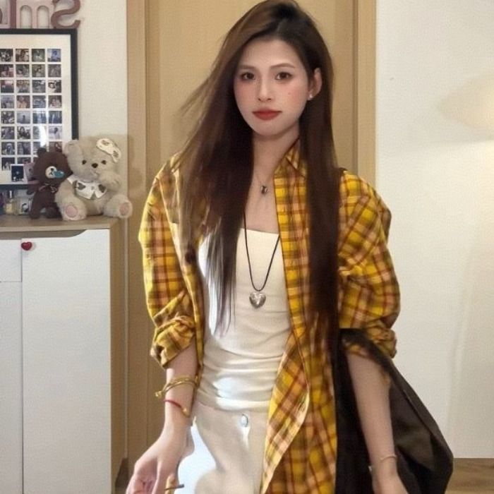 港味復古chic黃色格子襯衫女內搭疊穿寬鬆休閒百搭中長款襯衣外穿