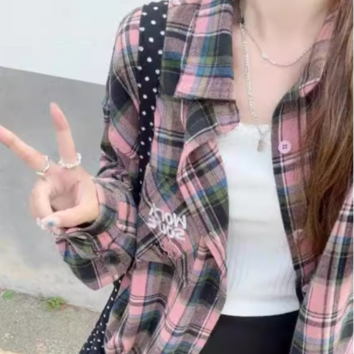 復古粉青色格紋襯衫女2025新款韓版氣質ins寬鬆休閒顯瘦襯衣外穿