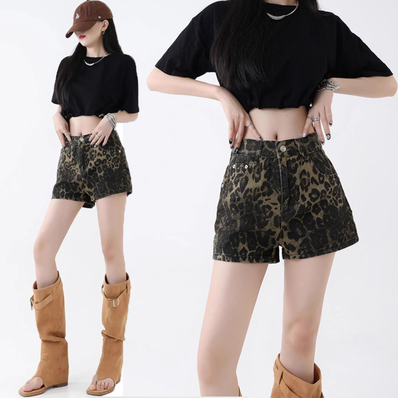 American retro hot girl leopard print high-waist denim casual versatile shorts loose slim straight pants A-line hot pants