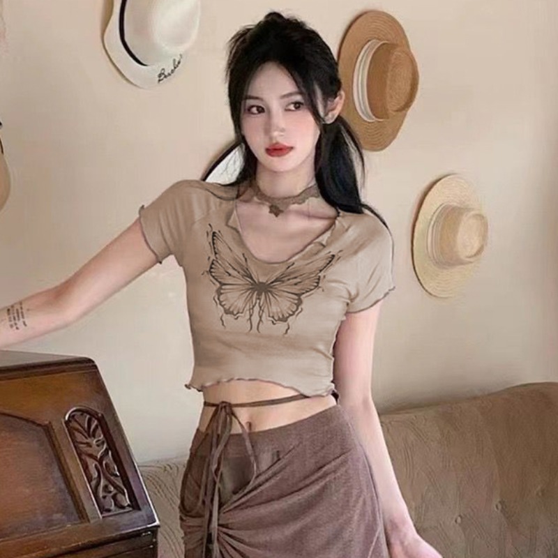 美式復古蝴蝶印花短袖t恤女夏季設計感小眾別致獨特短款辣妹上衣