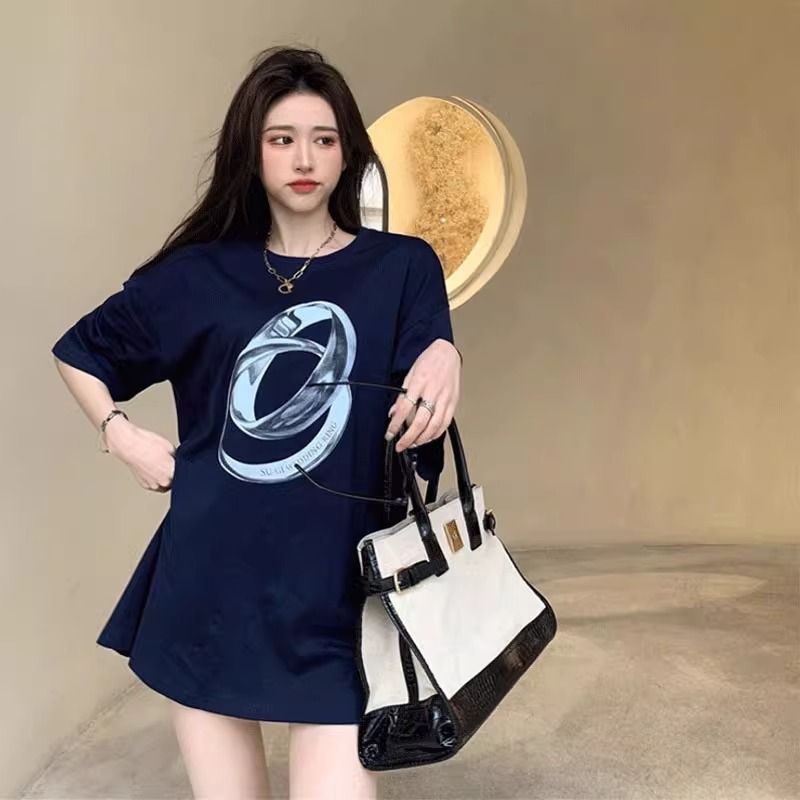 200g pure cotton 2025 new summer large size loose mid-length dress fat mm short-sleeved T-shirt skirt for women