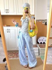 2025藍色刺繡蝴蝶結拼接條紋褲女夏季寬鬆闊腿直筒褲子