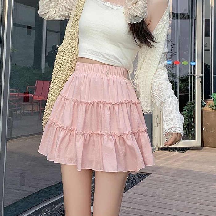 甜美純色蛋糕裙女夏季2025新款高腰a字半身裙小個子蓬蓬裙短裙子