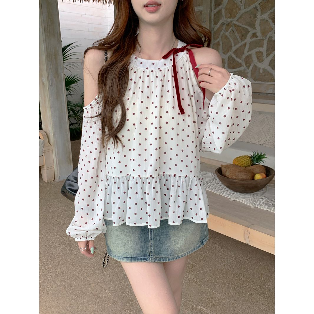 Real photo of 2025 new off-shoulder bow polka dot shirt for women's design and temperament loose long-sleeved top