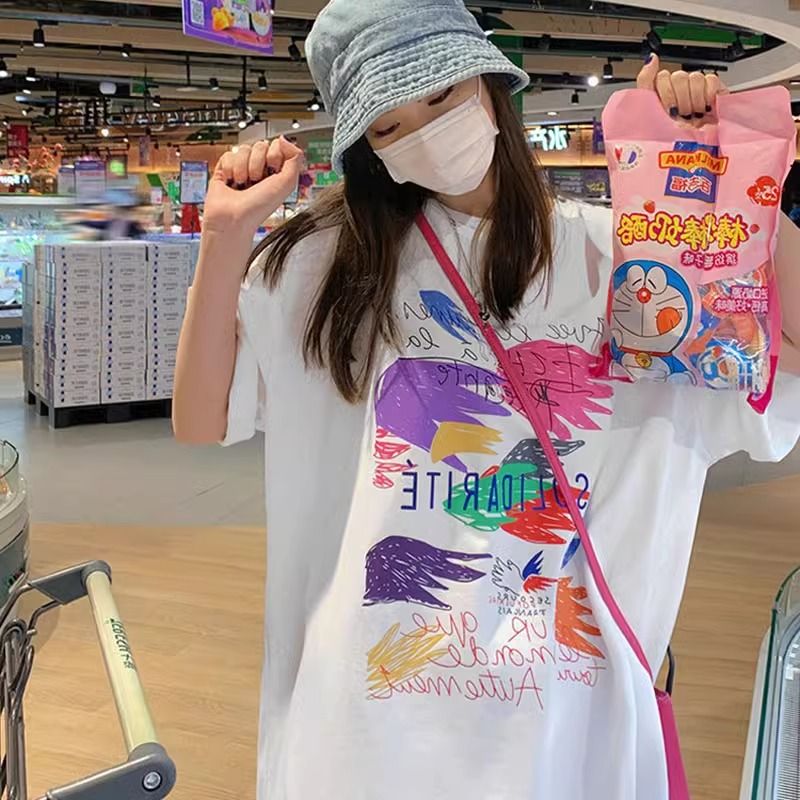 200g pure cotton 2025 new summer large size loose mid-length dress fat mm short-sleeved T-shirt skirt for women