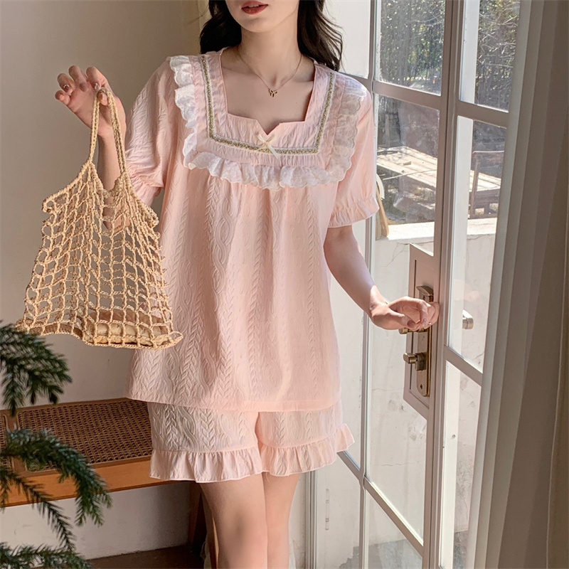 Real shot of 25 years new style with chest pad short sleeves sweet lace princess style pajamas cloud cotton home clothing set