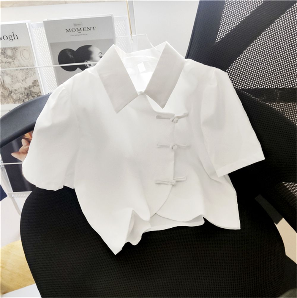 Real shot puff sleeve new Chinese retro hot girl shirt women short sleeve short POLO shirt button top shirt