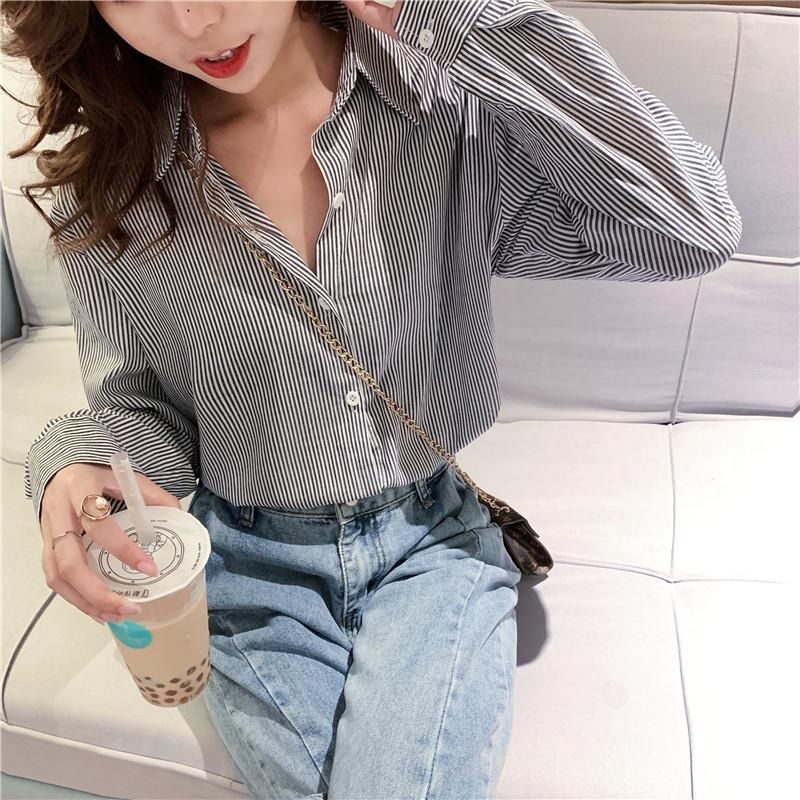 American loose thin black and white striped shirt women's top shirt long sleeve cardigan top striped jacket