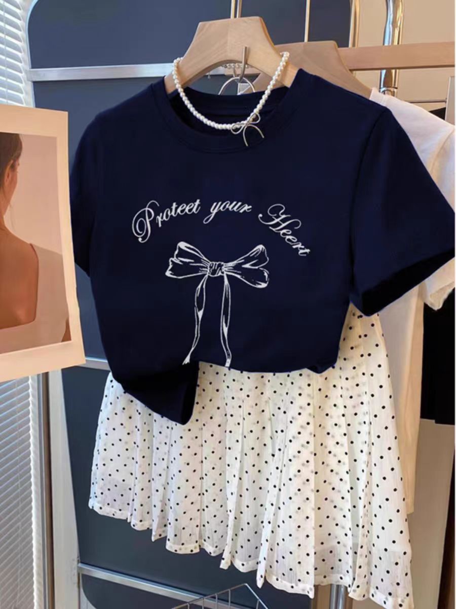 Printed front shoulder short-sleeved T-shirt for women in summer new niche American pure cotton slim T-shirt top