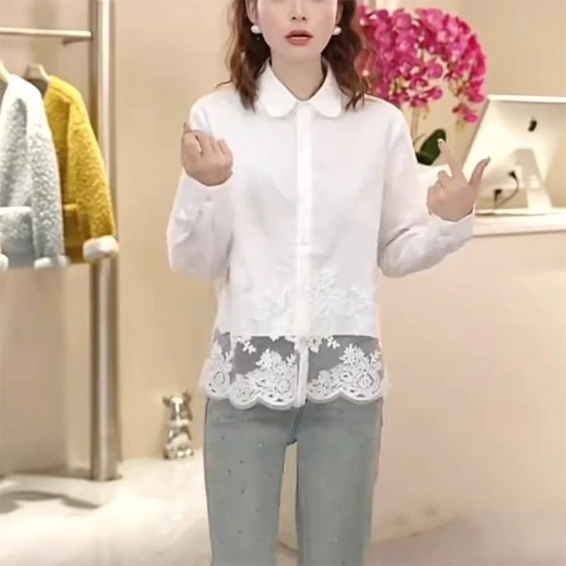 蕾絲襯衫2025春季新款高級寬鬆拼接蕾絲邊襯衫蕾絲花邊下擺打底衫