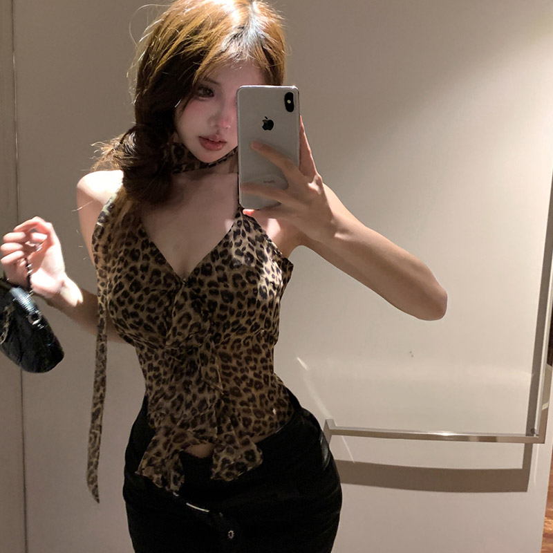Pearl chiffon American hot girl leopard print neck halter women summer irregular ruffle vest sling