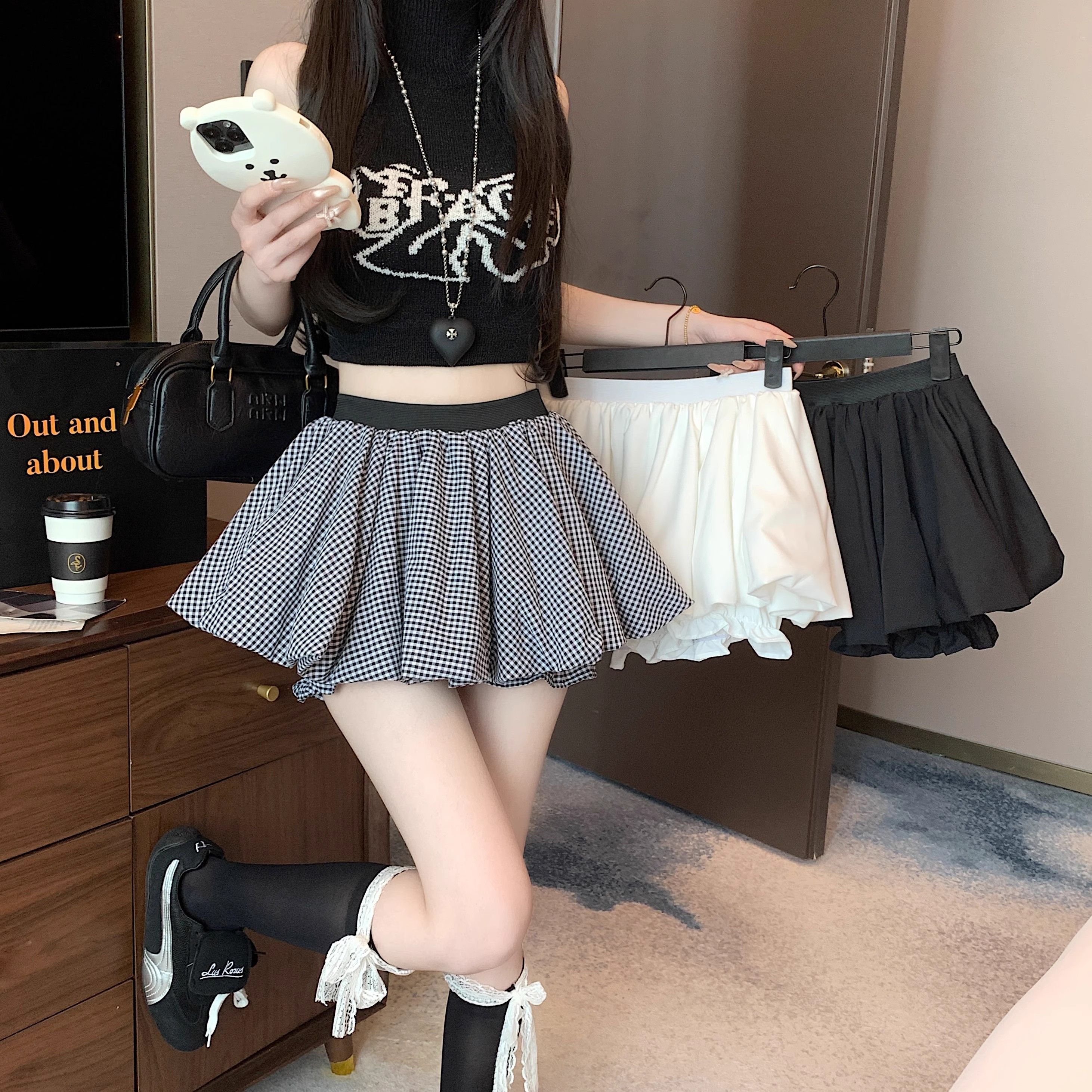 Real shot of summer high waist anti-exposure skirt, short skirt, a-line skirt, white hot girl age-reducing puffy skirt