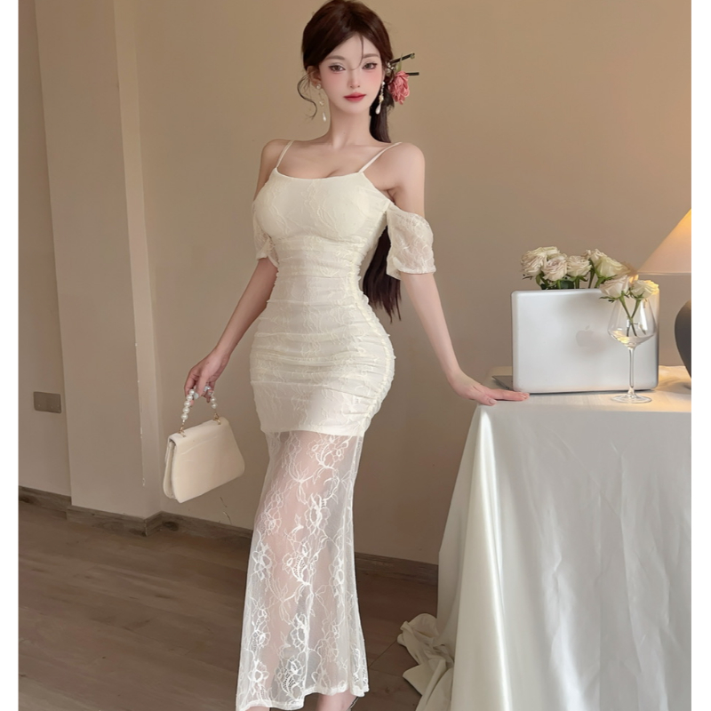 Fashionable celebrity temperament sexy lace long skirt with rotator sleeve suspender style dress
