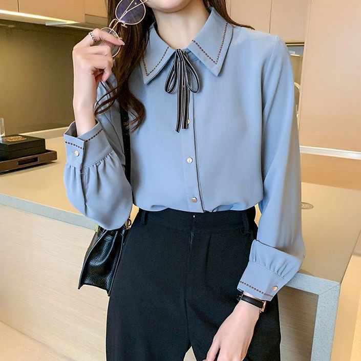 College style bow tie shirt for women chiffon shirt new fashionable fashionable lapel long sleeve top retro shirt