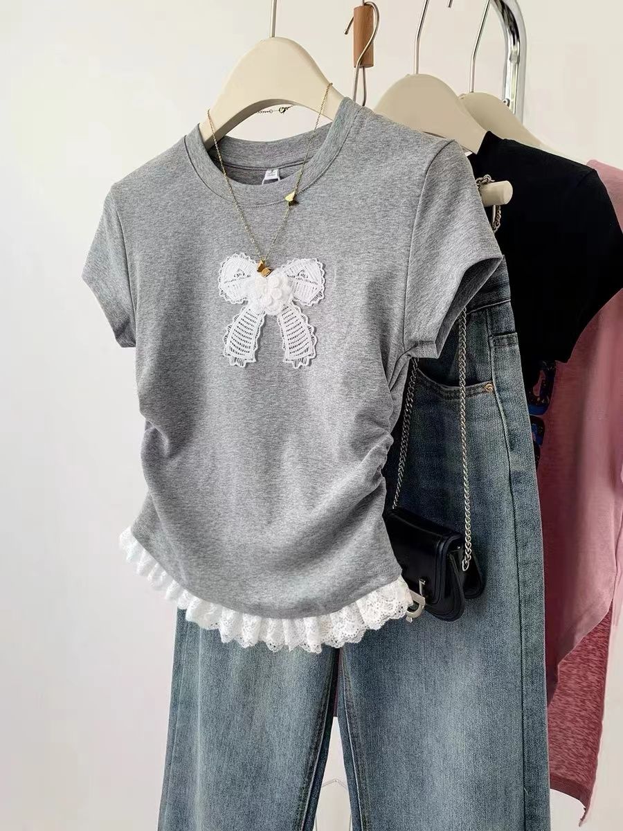 Embroidered patch bow lace short-sleeved T-shirt for women's front shoulder short waist top
