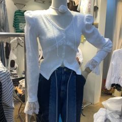 2025 autumn new style V-neck button short lace long-sleeved T-shirt for women's top trendy