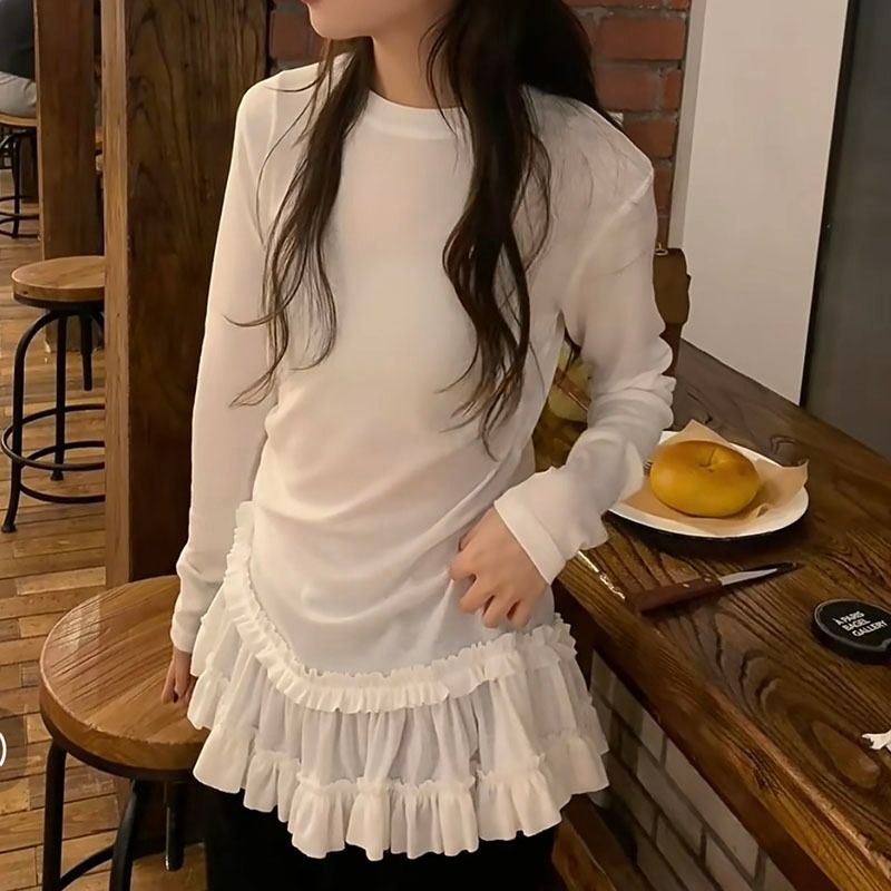 莫代爾人棉設計感雙層花邊別致疊穿打底衫女春秋季內搭修身