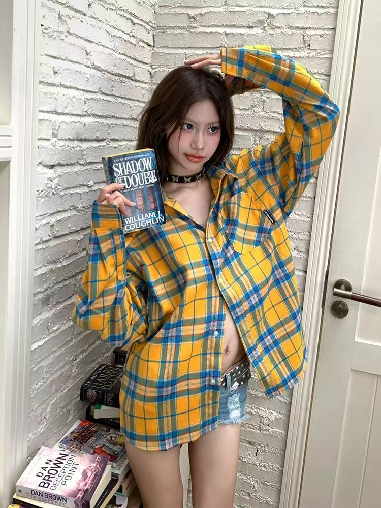 慵懶復古黃色格子襯衫女翻領長袖撞色休閒獨特别致ins風外套上衣