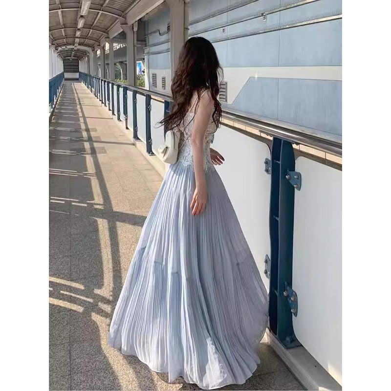 Original fabric, gentle style, elegant pleated skirt for women, summer, flowing and loose-fitting maxi A-line dress
