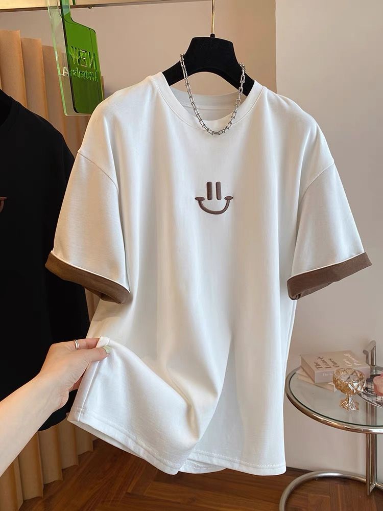 ~Large size women's pure cotton new contrasting smiley face embroidered T-shirt for women Korean short-sleeved top