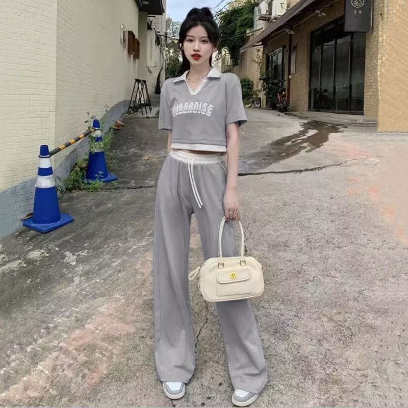 Internet celebrity casual sports suit for women 2025 summer new style for meat covering and slimming short tops and trousers two-piece set