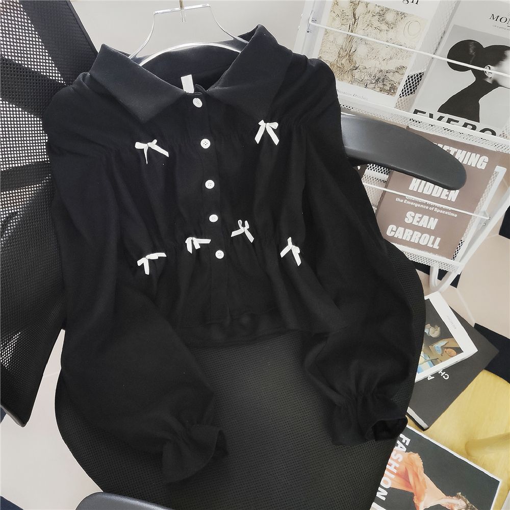 Real photo of black bow design top shirt temperament spring and autumn sweet French puff long-sleeved short shirt