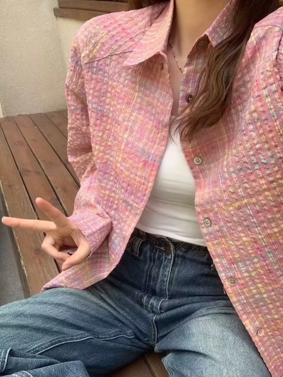 美式復古粉色格紋少女感襯衫外套女春秋休閒韓系chic港味上衣外套