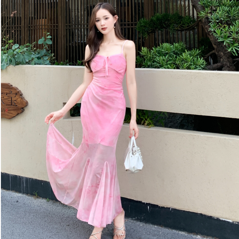 Pure and stylish printed mesh long skirt with sexy suspender inner wear style dress
