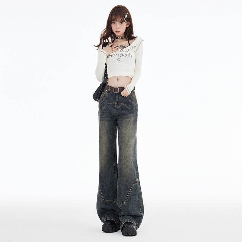 美式復古高腰牛仔褲女2025新款小眾寬鬆顯瘦微喇闊腿拖地長褲