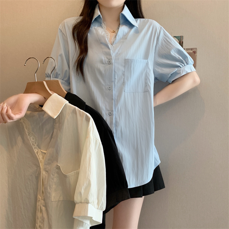 Large size French lace short-sleeved shirt for women in summer fashion high-end white shirt fat MM slim top