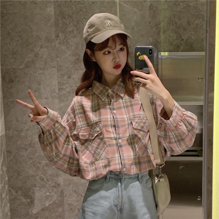 Pink plaid shirt women's spring and autumn design niche thickened long-sleeved top woolen shirt jacket new trendy