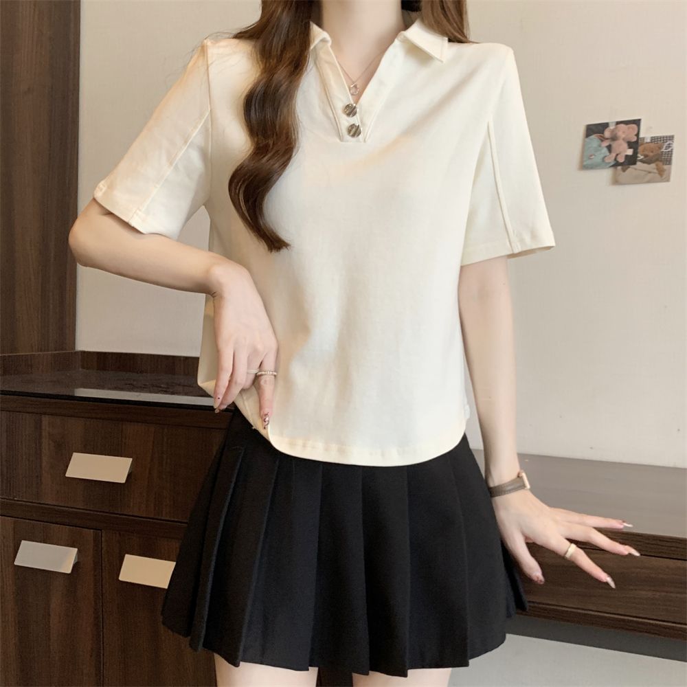 Real shot of Korean foreign trade 2025 new women's trendy niche pure cotton polo collar short-sleeved T-shirt women's top