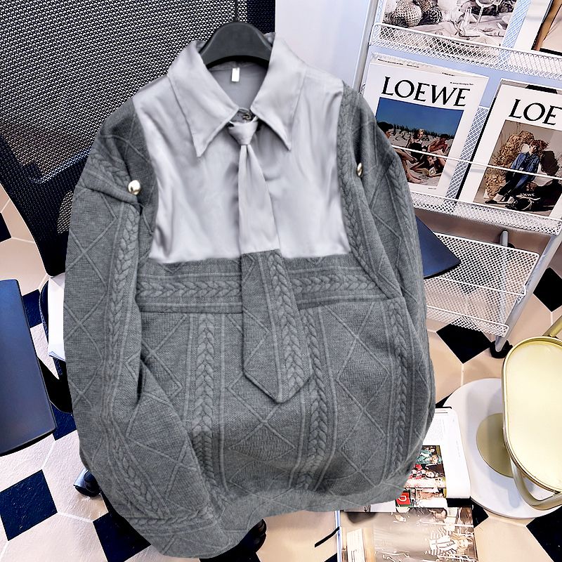 Real shot of 2025 new long-sleeved jacket for women's tops with medium length loose splicing polo collar puff sleeves fake two pieces