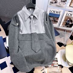 Real shot of 2025 new long-sleeved jacket for women's tops with medium length loose splicing polo collar puff sleeves fake two pieces