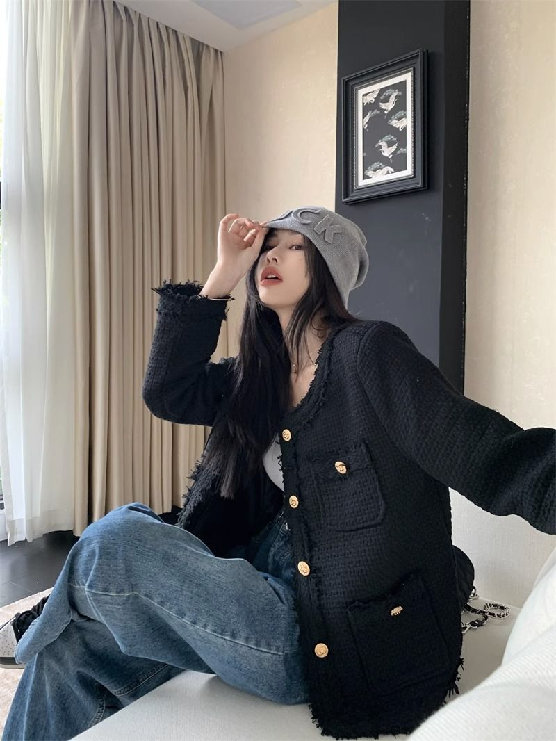 小香風粗花呢修身顯瘦外套女2025春秋法式名媛圓領單排扣休閒上衣