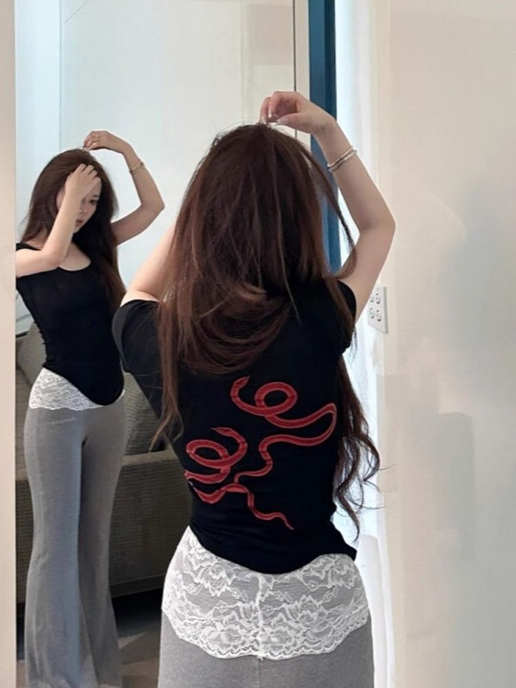 Modal printed irregular waist-closing short-sleeved T-shirt for women in summer new high-end and chic short top