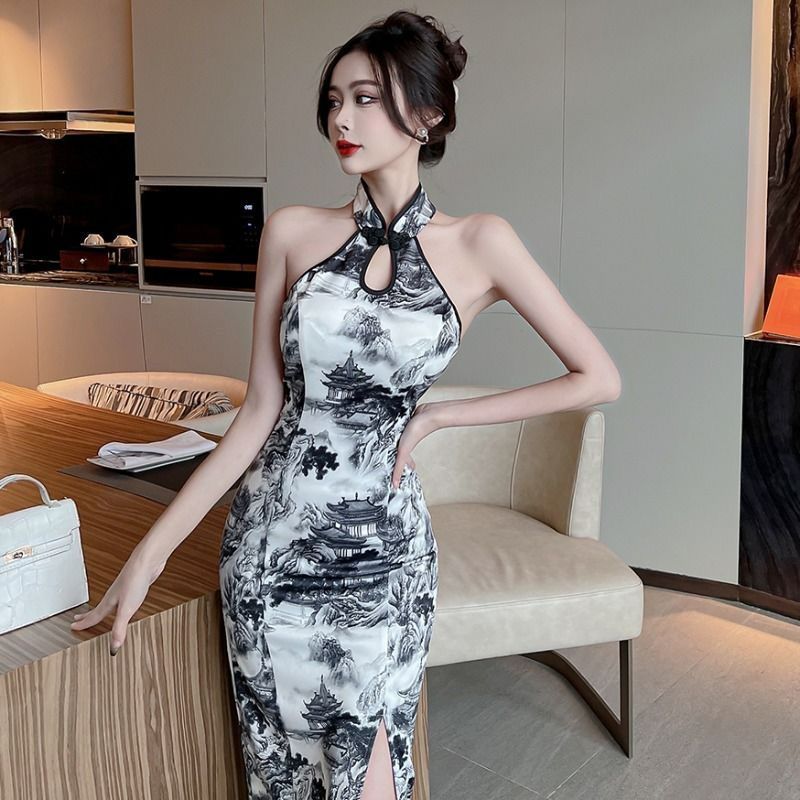 高級感復古優雅氣質開叉水墨印花修身改良削肩旗袍包臀顯瘦連衣裙