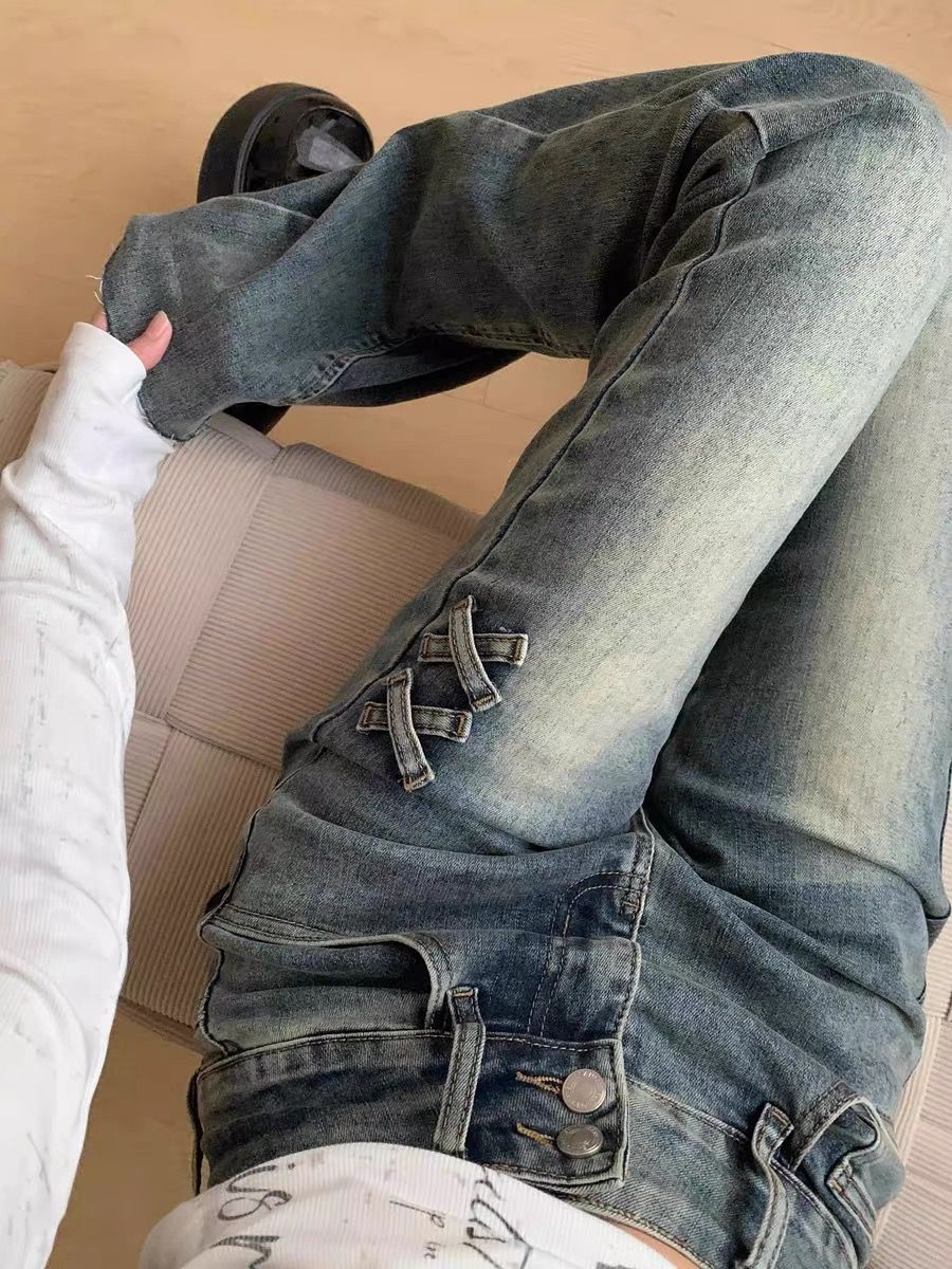 復古高腰微喇叭牛仔褲女修身彈力顯瘦蝴蝶結馬蹄褲