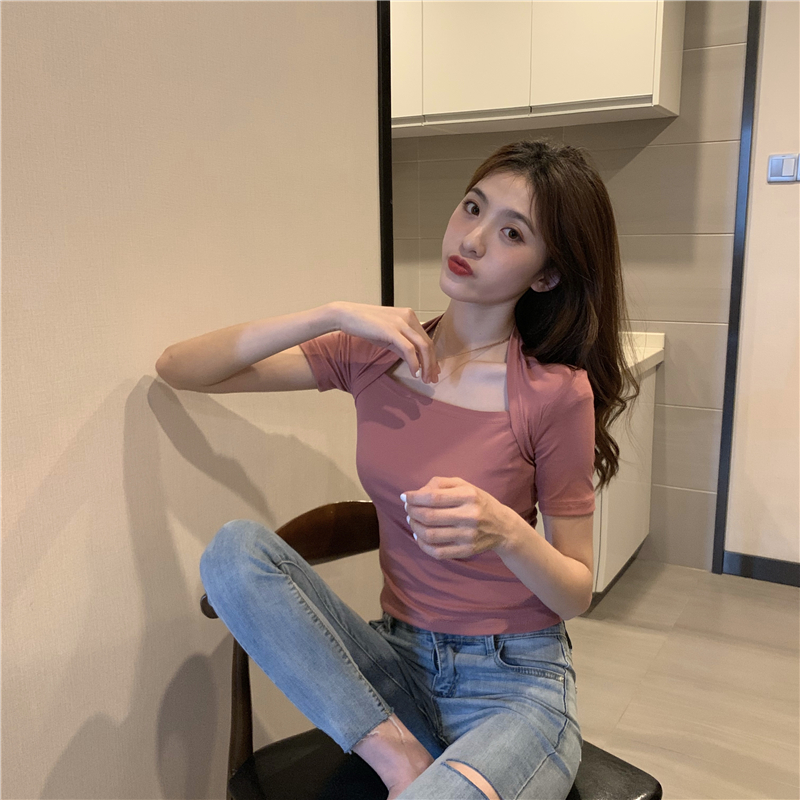 Real shot of new Hong Kong style collarbone sexy slim base shirt for women tight short short sleeve T-shirt top