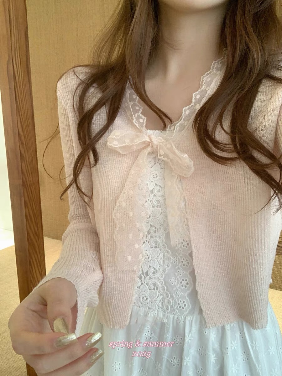 2025 Spring New Lace Spliced ​​V-neck Lace Lace Short Knit Cardigan Women's Air Conditioning Shirt Shawl Outer Top