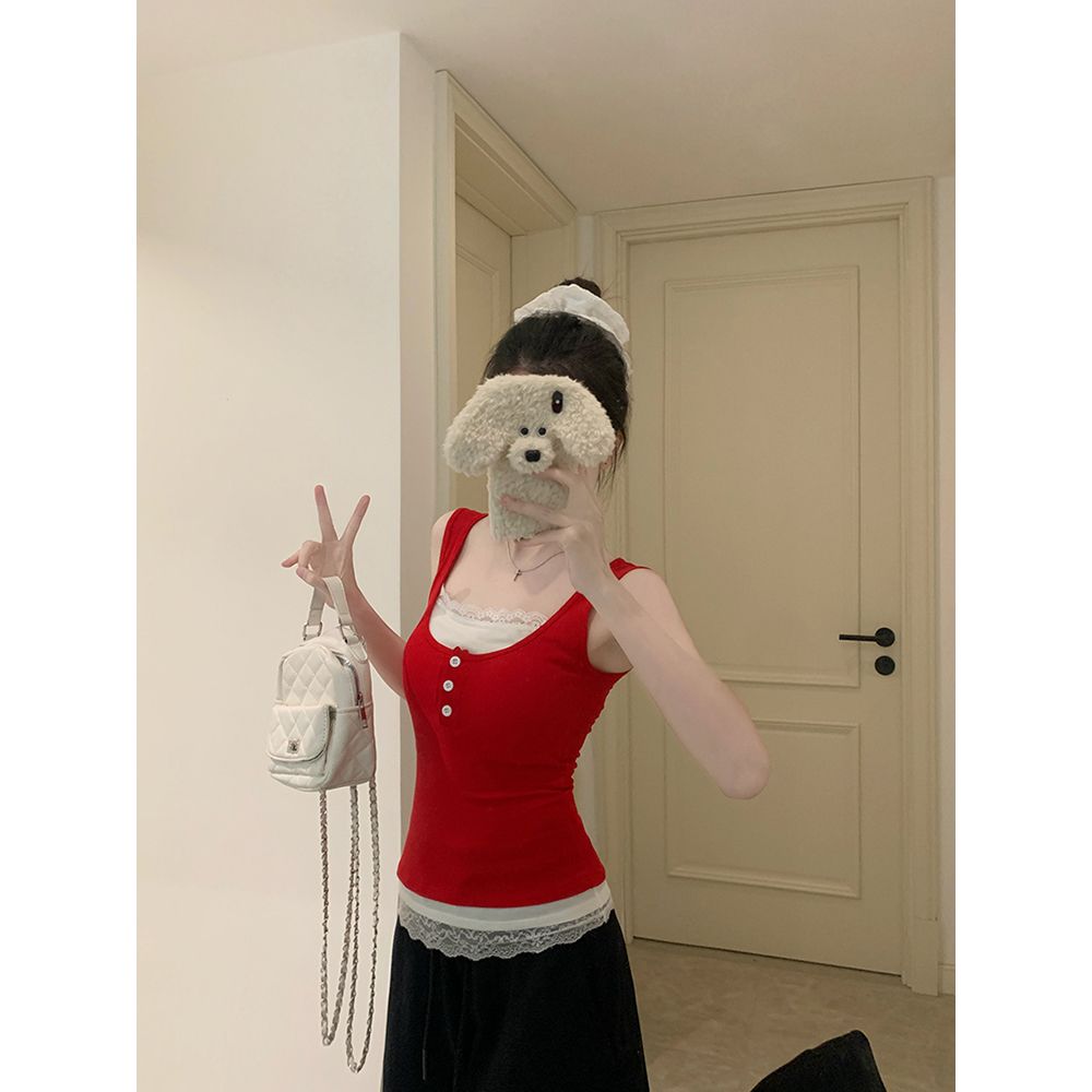 2025 new fake two-piece design red vest for women spring lace belt chest pad sleeveless suspender top