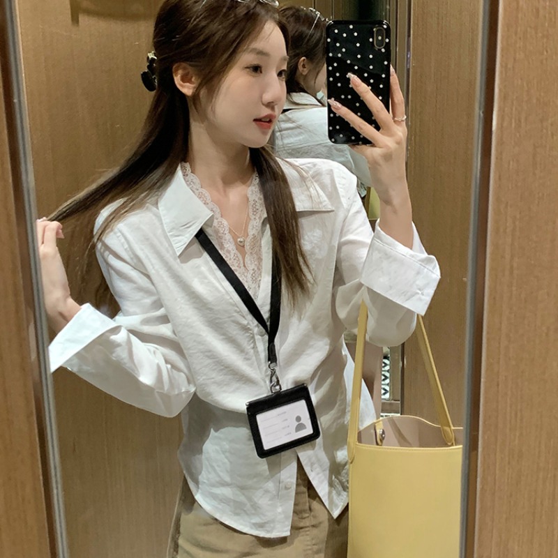 高智風長袖翻領蕾絲白色襯衫復古疊穿百搭設計感顯瘦收腰外穿上衣