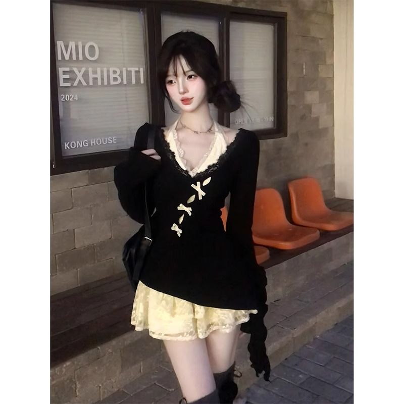 純欲風套裝裙女2025新款春秋穿搭一整套蕾絲邊上衣設計感兩件套